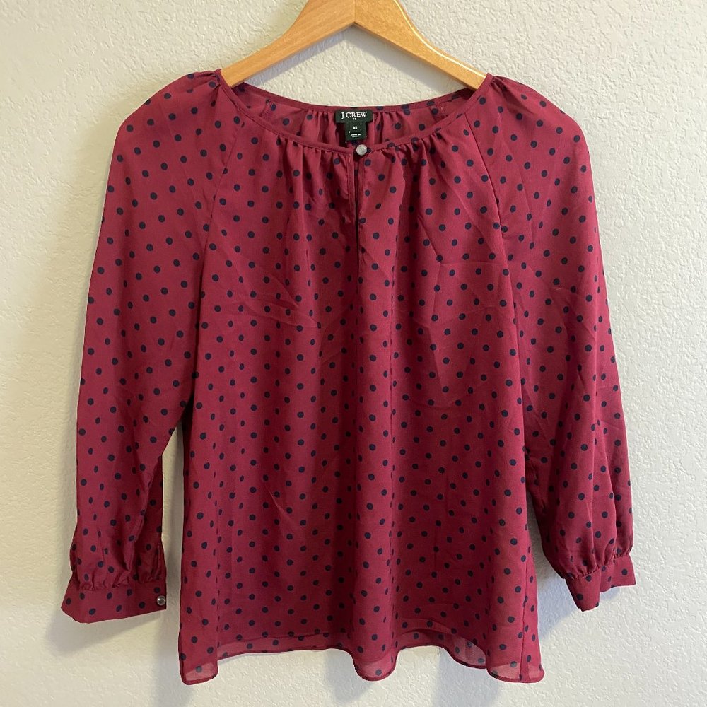 J Crew Burgundy Blouse with blue polka dots | XS